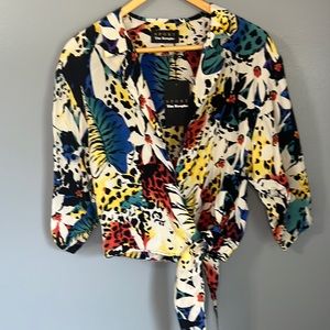 The Kooples cupro wrap Floral/animal print tie/elastic waist blouse